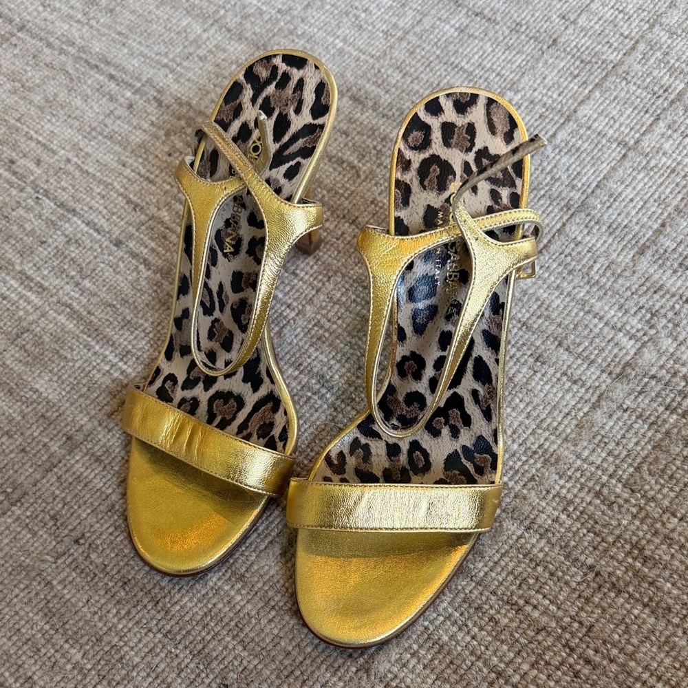 Dolce & Gabbana Metallic Gold Leopard-Print Heeled Sandals